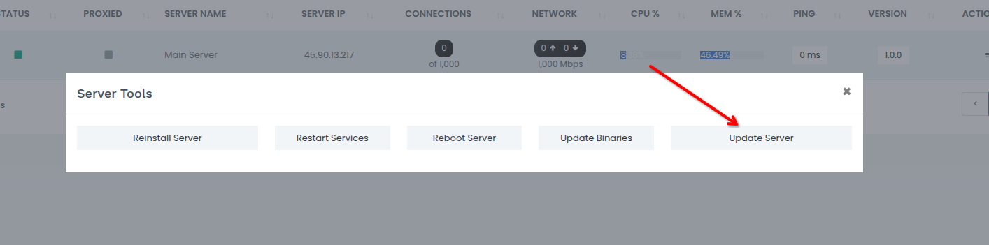 Update Server button